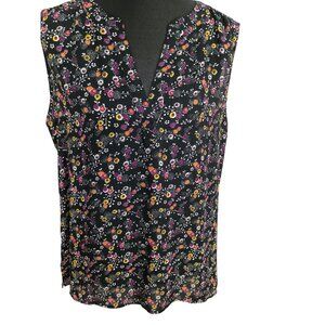 Chaus New York Womens Vneck Sleeveless Floral Top XL Black